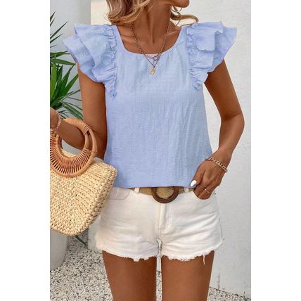 Beau Blue Textured Bow Knot Frilled Butterfly Sleeve Blouse