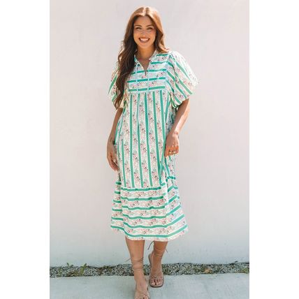 Multicolour Striped Floral Print Tie Split Neck Puff Sleeve Midi Dress
