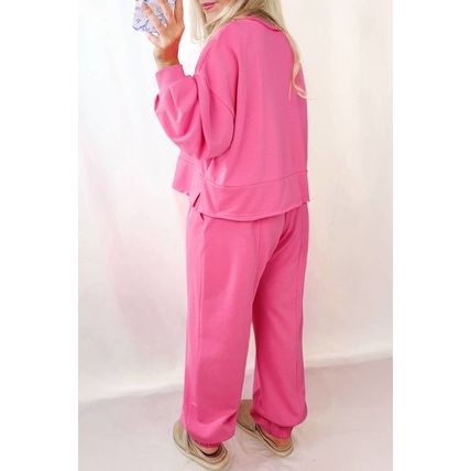 Bright Pink Plus Size Henley Drop Shoulder Pullover and Jogger Pants Two Piece S