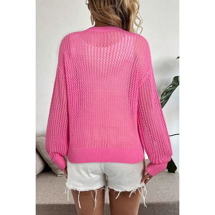 Sachet Pink Sweet Bow Decor Hollow Out Knitted Drop Shoulder Sweater