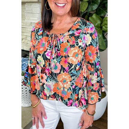 Black Floral 3/4 Flare Sleeve Tied V Neck Blouse