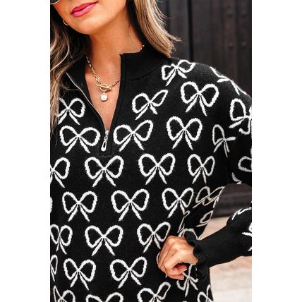 Black Cute Bow Pattern Drop Shoulder Zipped Collar Sweater