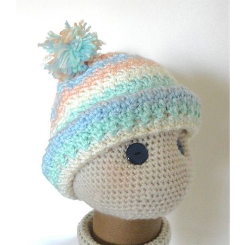 Hat ski knitted colorful stripes with pom pom adult size OOAK