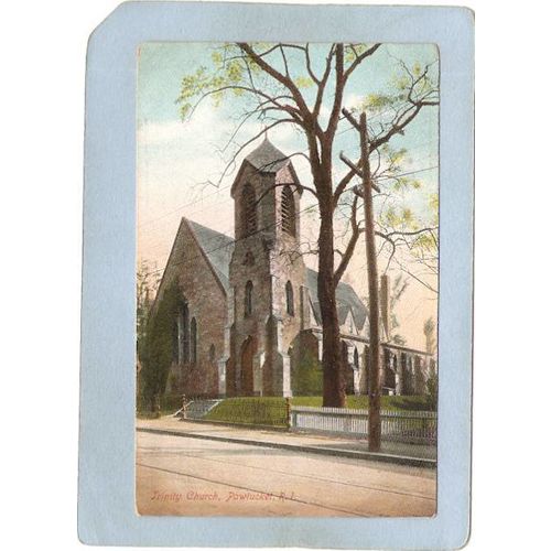 Rhode Island Pawtucket Postcard Trinity Church Street Scene w/Trolley Trac~1100