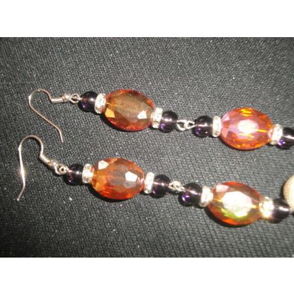 Fabulous faceted oval orange & purple crystal glass long swing earring