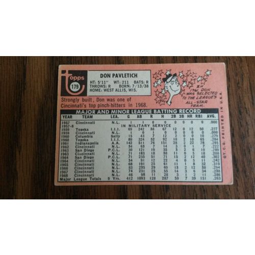 1969 Topps Card # 179 Don Pavletich Very Good-Excellent (4) Chicago White Sox