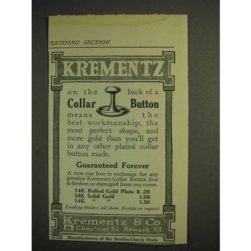 1914 Krementz Collar Button Ad - Best Workmanship