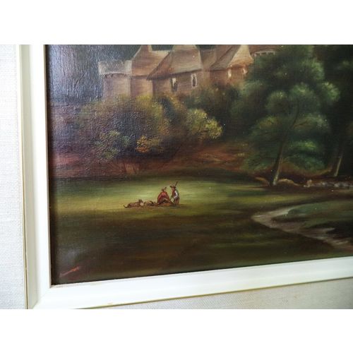 Antique Signed Canadian DROUIN Landscape Castle Large Oil Painting Frame Animals