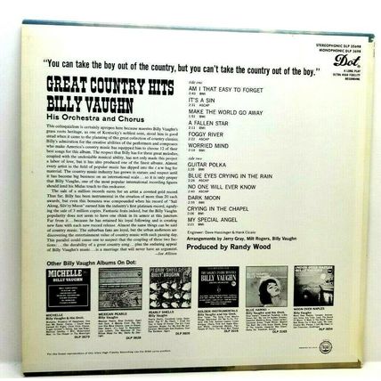 1966 Billy Vaughn Great Country Hits LP Vinyl Record Album (P2)