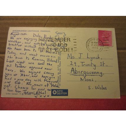 STRUMBLEHEAD LIGHTHOUSE, PEMBROKE, WALES , used postcard by NPO 1973 pm =