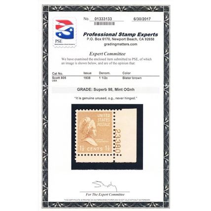 805, Mint NH 1 1/2¢ Superb - With Graded 98 PSE Certificate - Stuart Katz