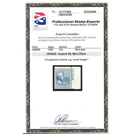 820, Mint NH 15¢ Superb - With Graded 98 PSE Certificate - Stuart Katz