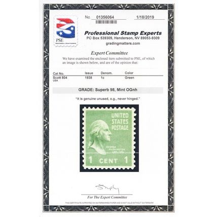 804, Mint NH 1¢ Superb - With Graded 98 PSE Certificate - Stuart Katz