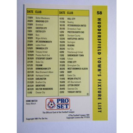 58. Huddersfield Town E Roberts Pro Set 1990/91 Football Fixture List Card (ef1)