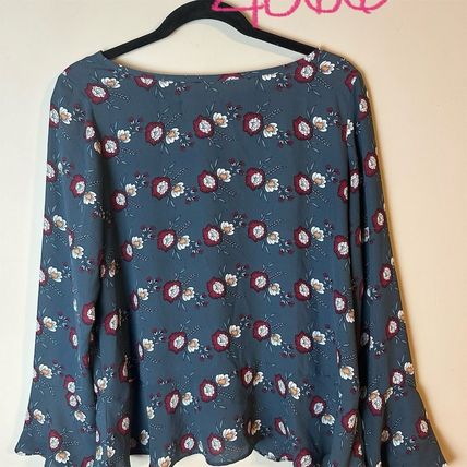 LOFT Outlet Women's Grey Floral Ringer Blouse S Long Sleeve Ruffle Detail
