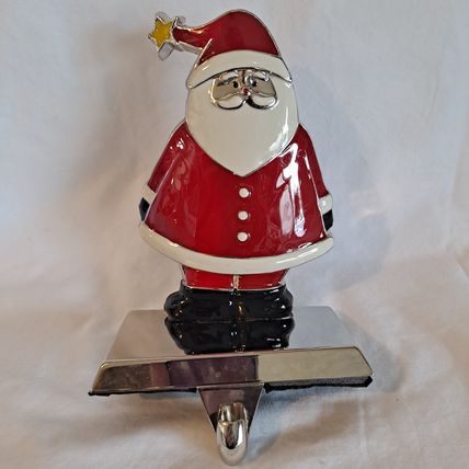 Metal Enamel SANTA CLAUS Christmas STOCKING HANGER Mantel Holder Hook Holiday