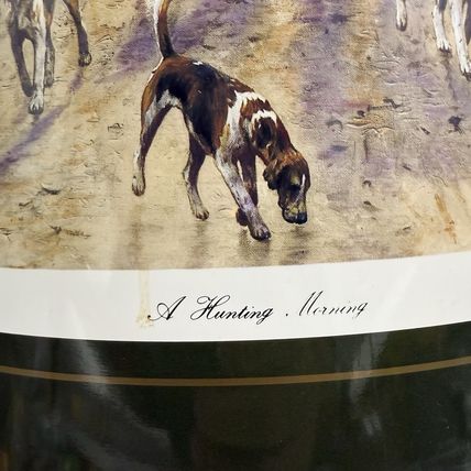 English Metal Waste Basket, 1960s Fox Hunting Lithograph Green 13”Hx10”x8”