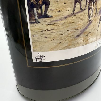 English Metal Waste Basket, 1960s Fox Hunting Lithograph Green 13”Hx10”x8”