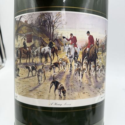 English Metal Waste Basket, 1960s Fox Hunting Lithograph Green 13”Hx10”x8”