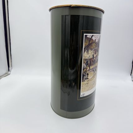 English Metal Waste Basket, 1960s Fox Hunting Lithograph Green 13”Hx10”x8”