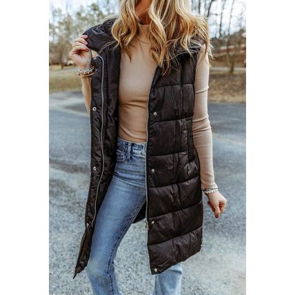 Black Hooded Long Quilted Vest Coat