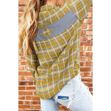 Ginger Plaid Embroidery Patch Button-Down Shacket