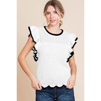 White Crochet Eyelet Flounce Tank Top