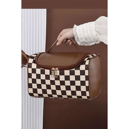 Black Checkered PU Leather Zipper Makeup Bag