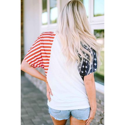 White Chenille USA Stars and Stripes Printed V Neck T Shirt