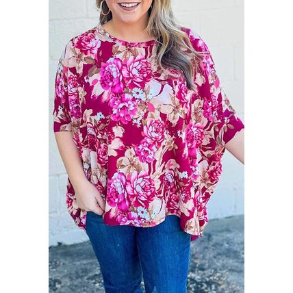 Red Floral Print Short Sleeve Plus Size Blouse