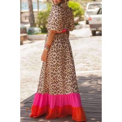Bright Pink Leopard Colorblock Patchwork Bubble Sleeve Maxi Dress