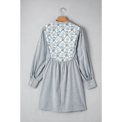 Black Stripe Floral Patchwork Tied V Neck Shift Long Sleeve Mini Dress