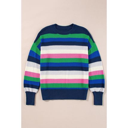 Bright Green Rainbow Striped Crew Neck Drop Shoulder Sweater