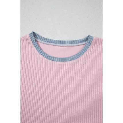 Pink Corded Colorblock Patchwork Short Sleeve Top and Loose Pants Set