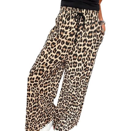 Parchment Leopard Drawstring Flowy Wide Leg Pants