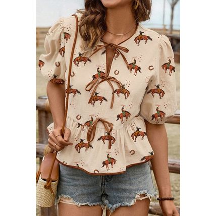 Apricot Cowboy Print Puff Sleeve Bowknot Peplum Blouse