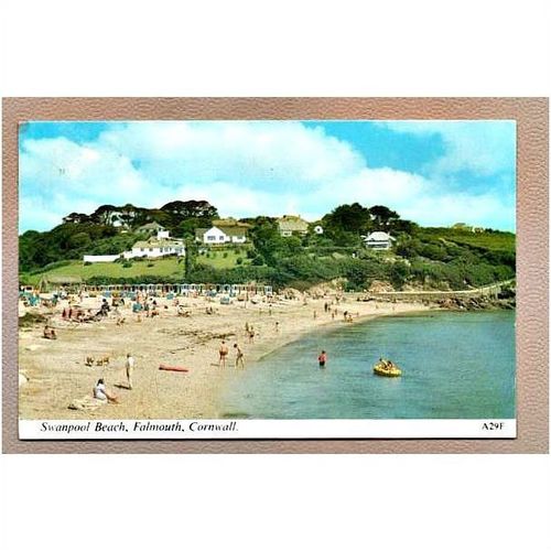 Swanpool Beach, Falmouth Cornwall postcard with beach huts sunbathers, pu 1986
