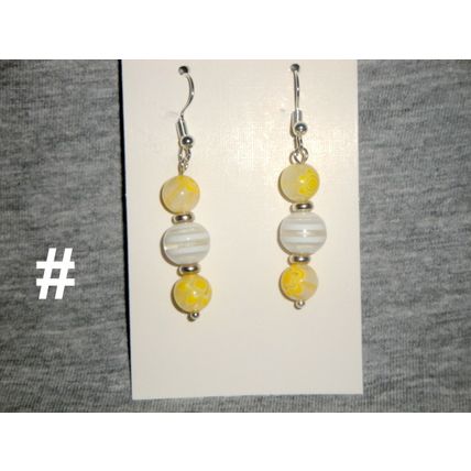 Millefiori style yellow & white & banded white glass earrings