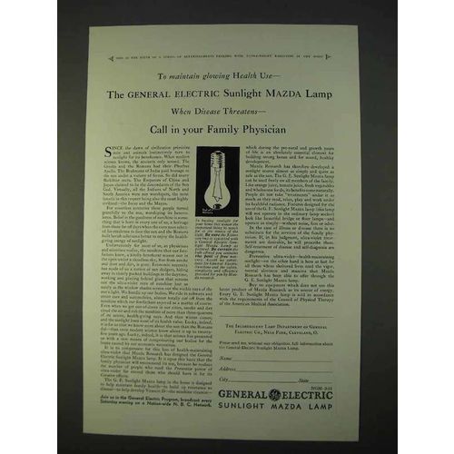 1931 General Electric Sunlight Mazda Lamp Ad - Health