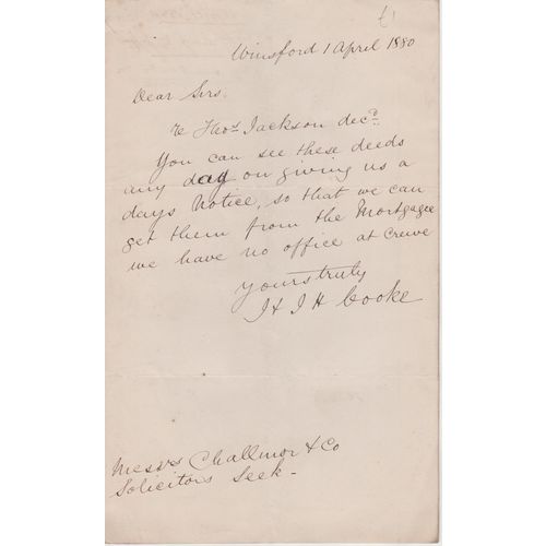 Letter 1880 from Challinor & Co Winsford re Thomas Jackson deceased see rest