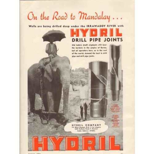 HYDRIL COMPANY 1936 Mandalay Burma oil gas drill pipe joint vintage ad