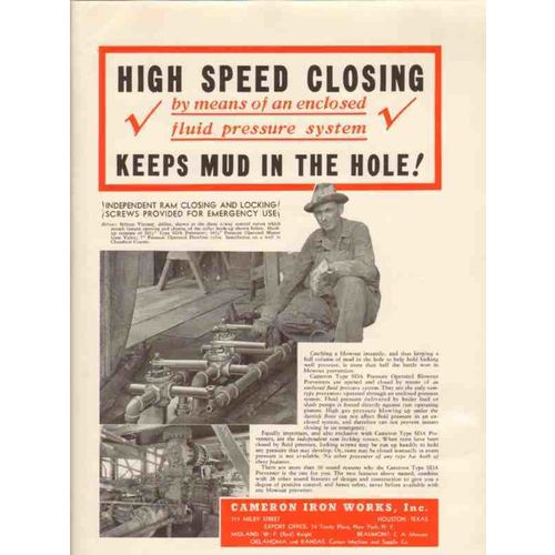 CAMERON IRON WORKS 1936 closing driller Britton Vincent vintage ad