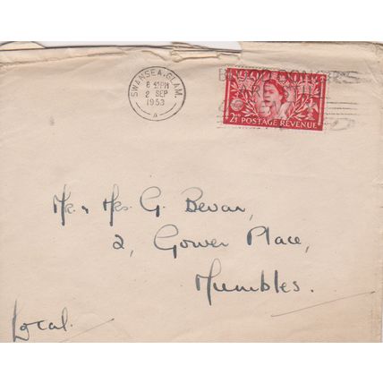 GB 1953 cover Swansea to Mumbles with coronation stamp