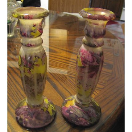 2 GORGEOUS ALCO LAVENDER MAUVE & YELLOW GLASS TAPER CANDLE HOLDERS CANDLEHOLDERS