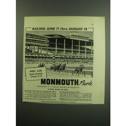 1949 Monmouth Park Racetrack Ad - Racing June 17 thru August 10