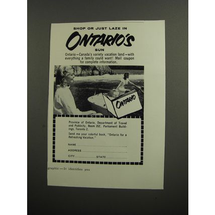 1961 Ontario Canada Ad - Shop or just laze in Ontario's Sun