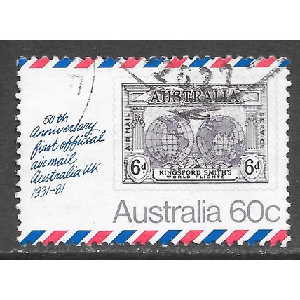 AUSTRALIA 1981 50TH ANNIVERSARY AIRMAIL TO UK 60c USED KINGSFORD SMITH 6d STAMP