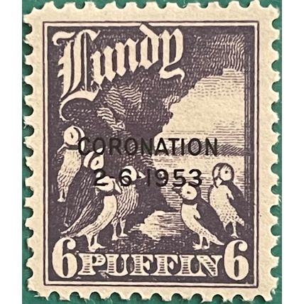 Lundy 1953 Coronation 6d black o/p Mauve Mounted Mint MM SG 105 Stamp Puffin