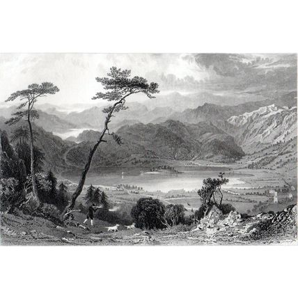GRASSMERE FROM BUTTER CRAGS, WESTMORLAND 1858 Samuel Lacey ANTIQUE ENGRAVING