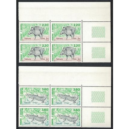 Andorra Fr. Boar Lizard Newt Nature Protection 2v Corner Blocks of 4 1989